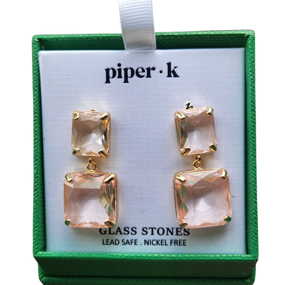 Piper K Pink Glass Stone Earrings Gold Tone
